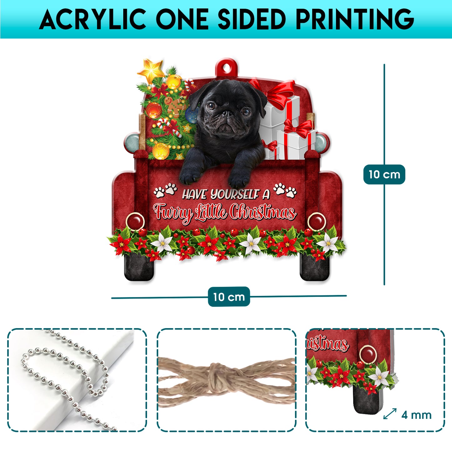 Pug Red Truck Acrylic Ornament