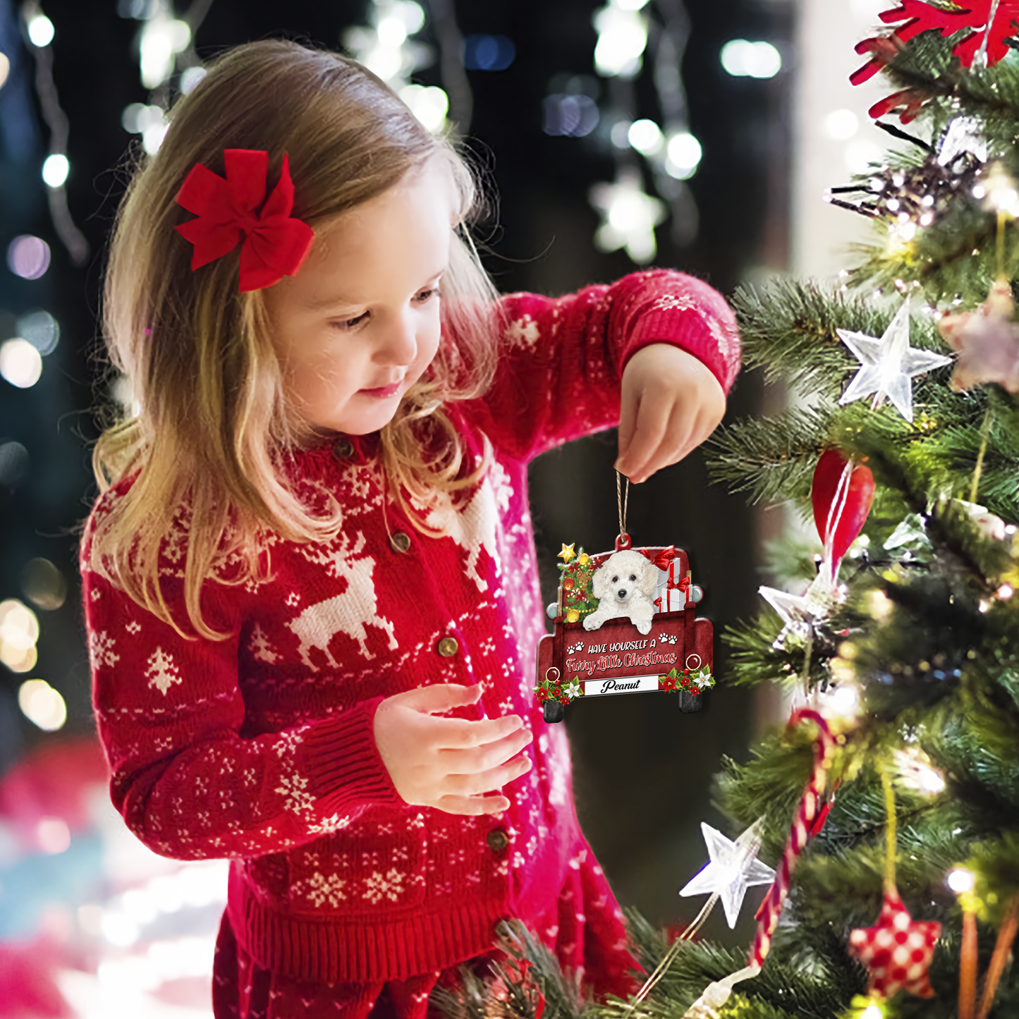 Personalized White Poodle Red Truck Christmas Aluminum Ornament