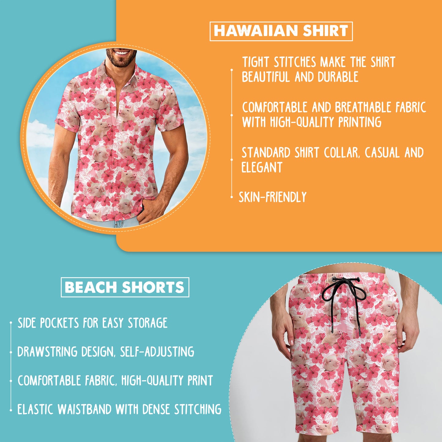 Pig And Tropical Hibiscus Hawaiian Shirt And Shorts