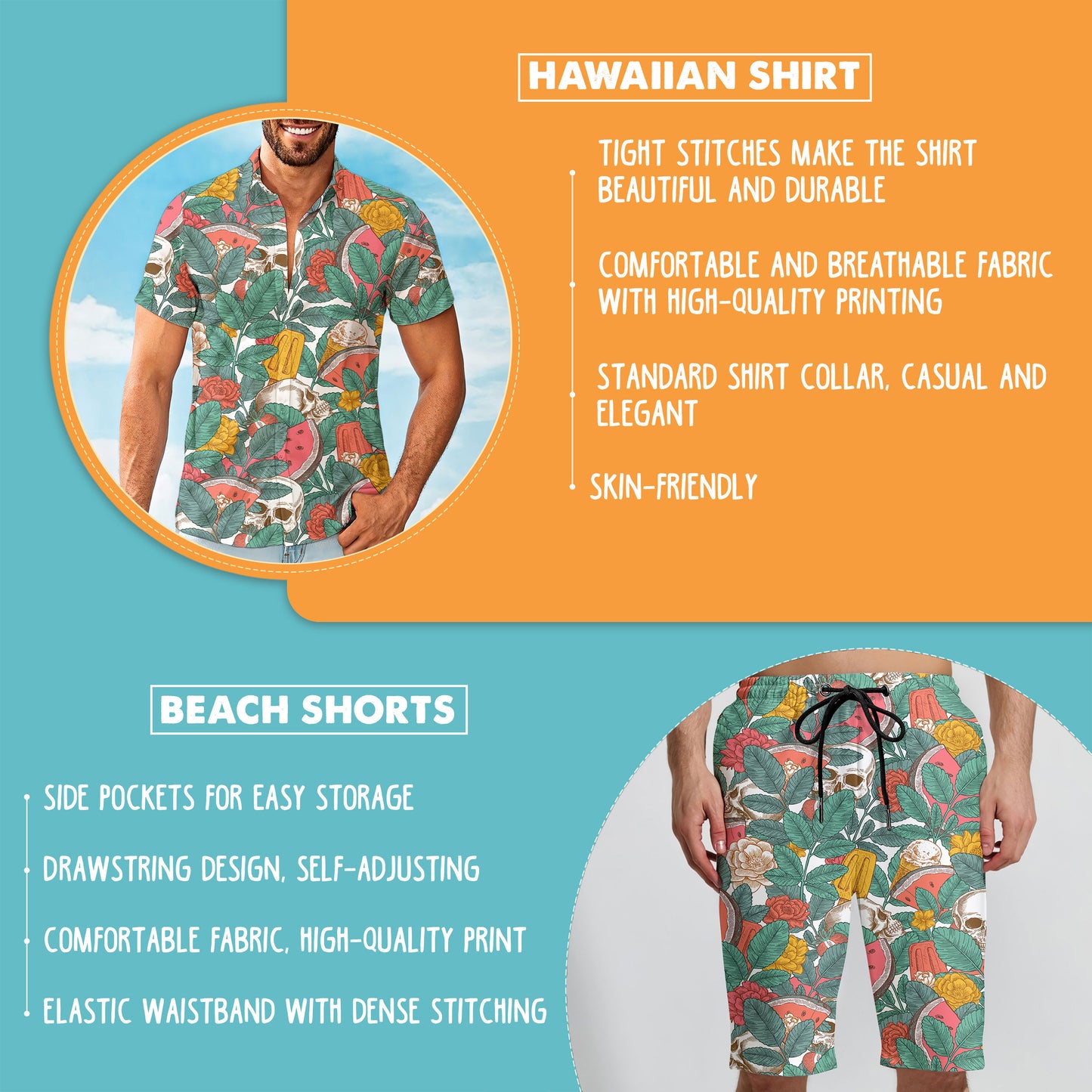 Skull With Tropical Fruits Hawaiian Shirt And Shorts