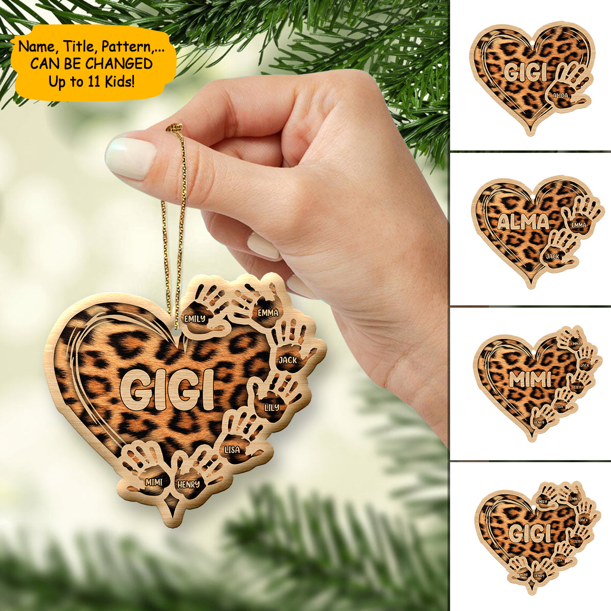 Personalized Leopard Hands Of Family Wood Heart Ornament