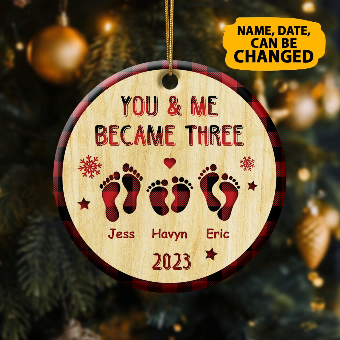 Custom 1st Christmas As Family Of 3 Ceramic Circle Ornament