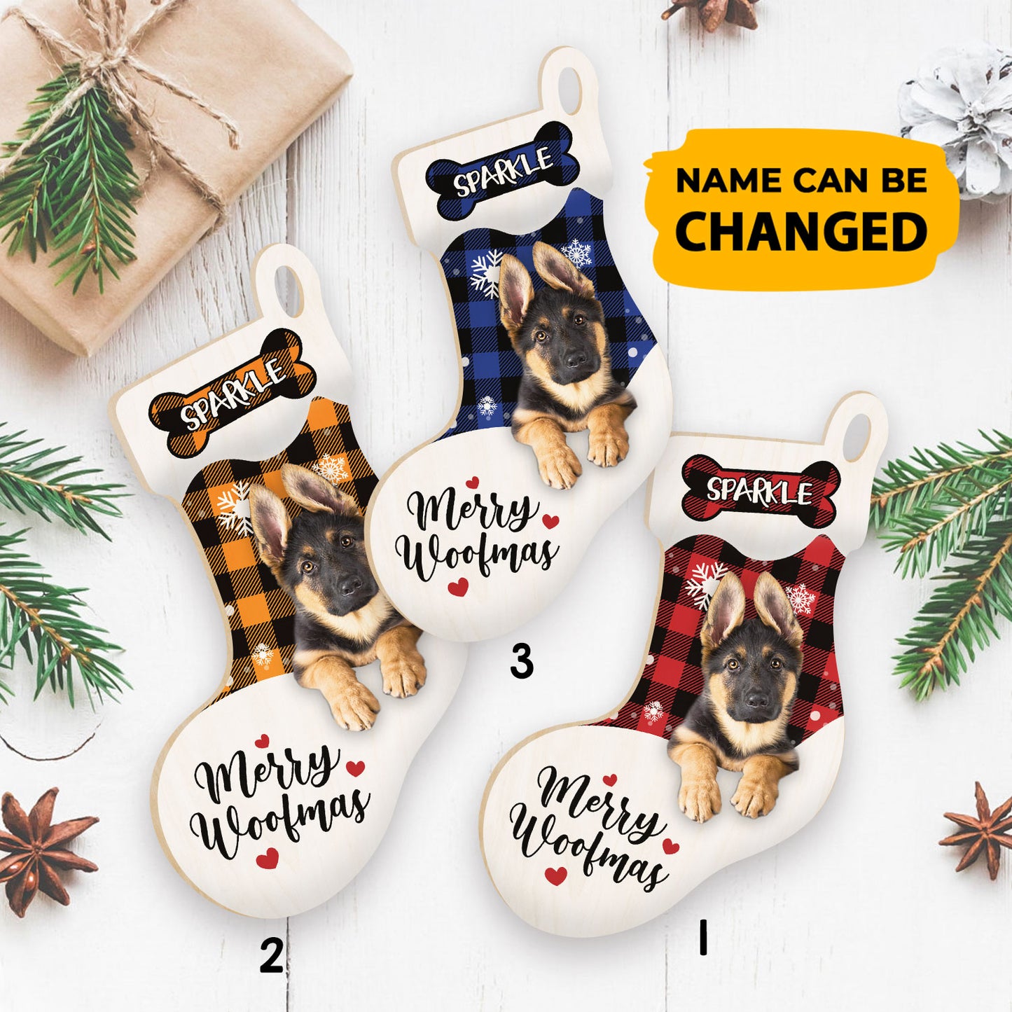 Personalized German Shepherd Stocking Christmas Wood Ornament