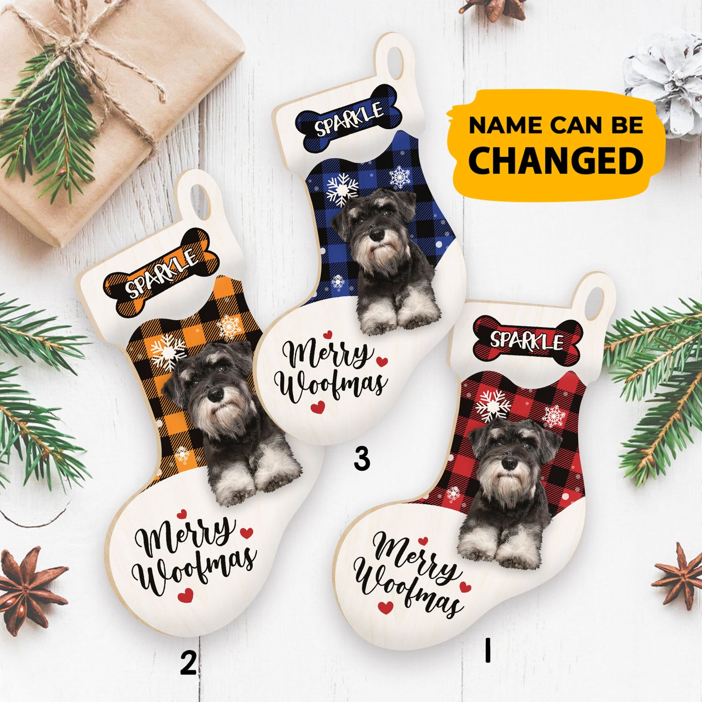 Personalized Schnauzer Stocking Christmas Wood Ornament