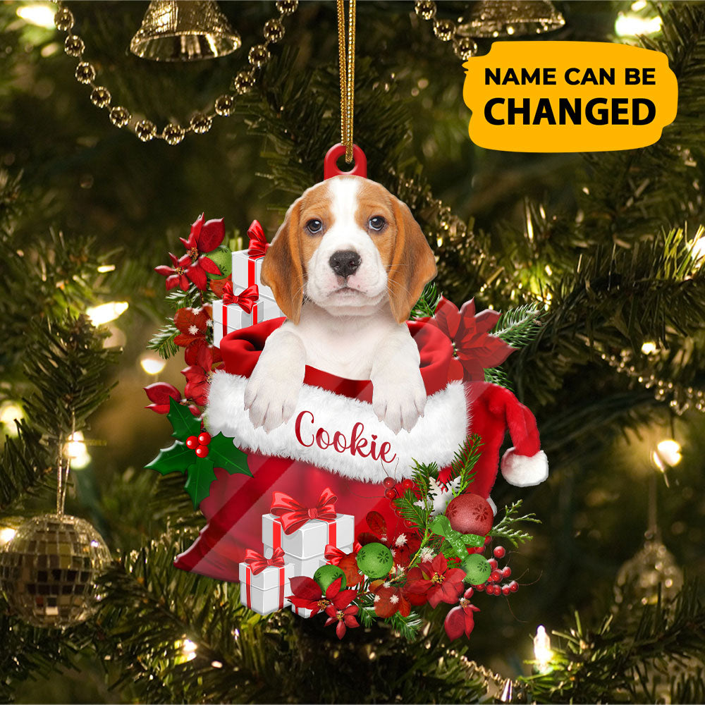 Personalized Beagle In Santa's Bag Christmas Acrylic Ornament