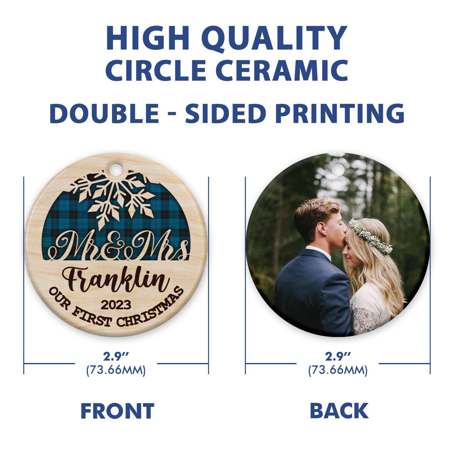 Personalized First Christmas Of New Married Couple Double Side Ceramic Circle Ornament