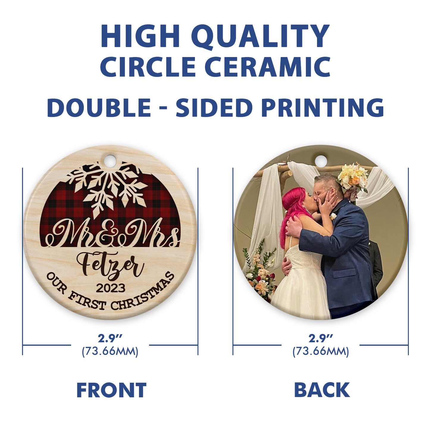 Personalized Our 1st Christmas Double Side Ceramic Circle Ornament For New Married Couple