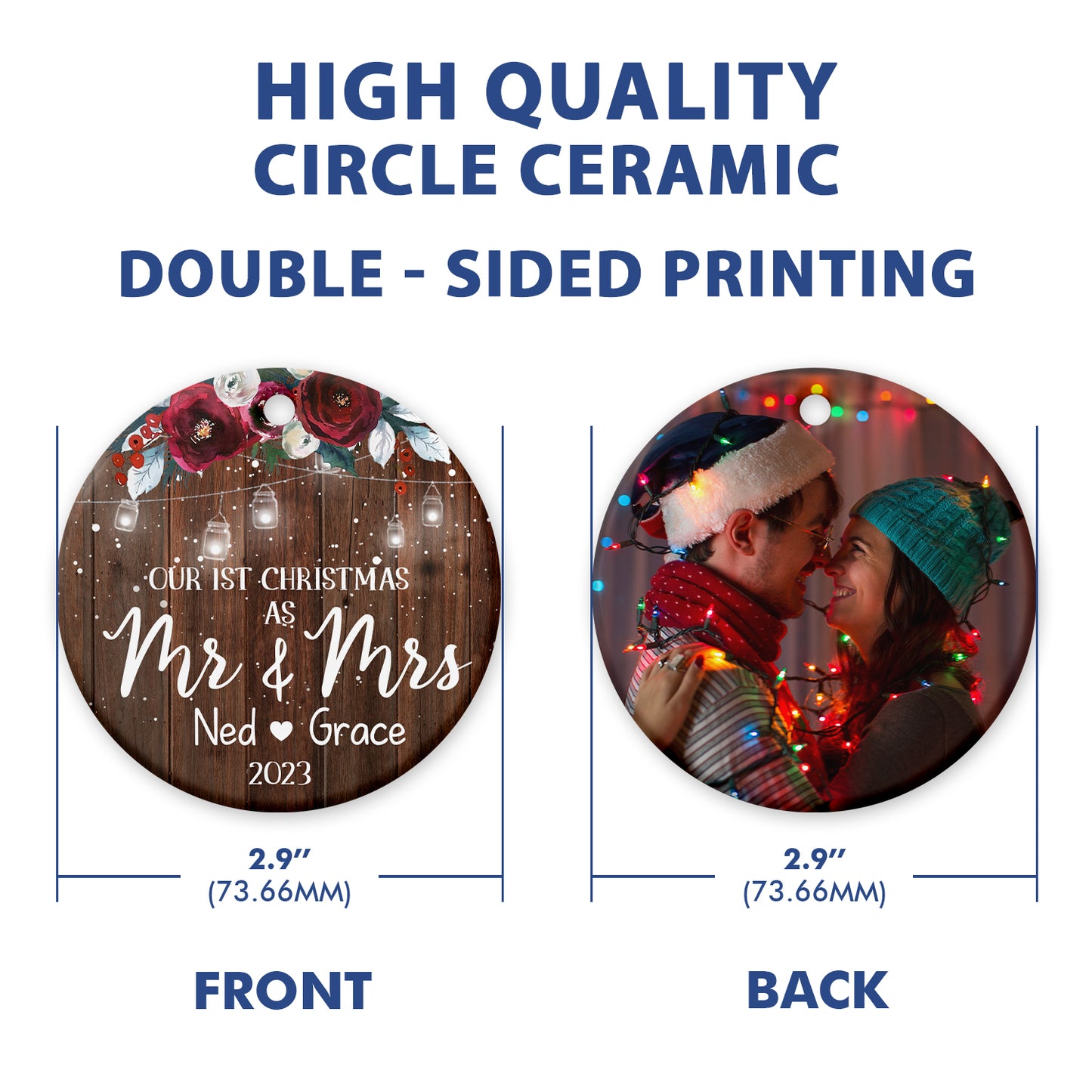Personalized Our 1st Christmas As Mr & Mrs Double Side Ceramic Circle Ornament For New Married Couple