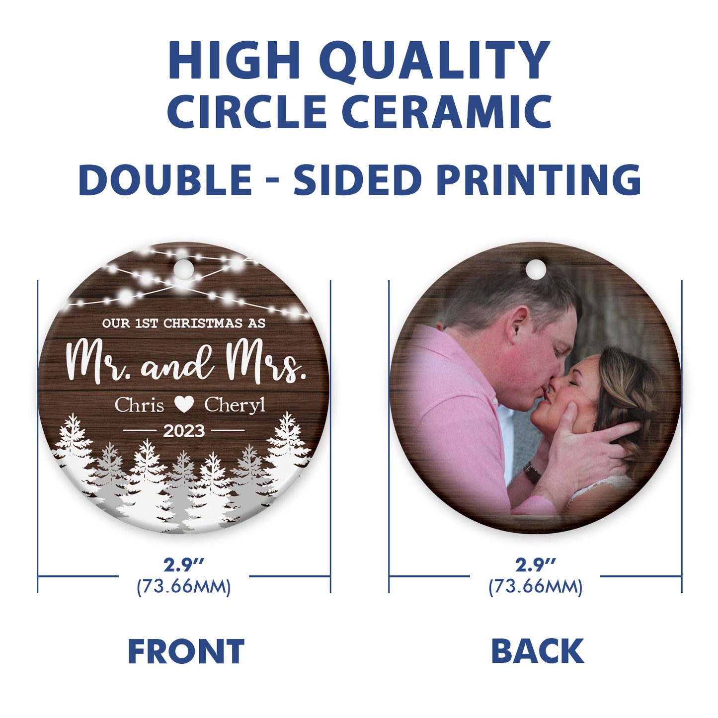 Personalized New Married Couple Christmas Double Side Ceramic Circle Ornament