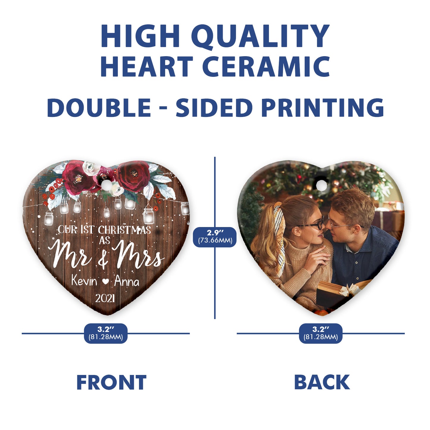 Personalized Our First Christmas As Mr & Mrs Double Side Ceramic Heart Ornament