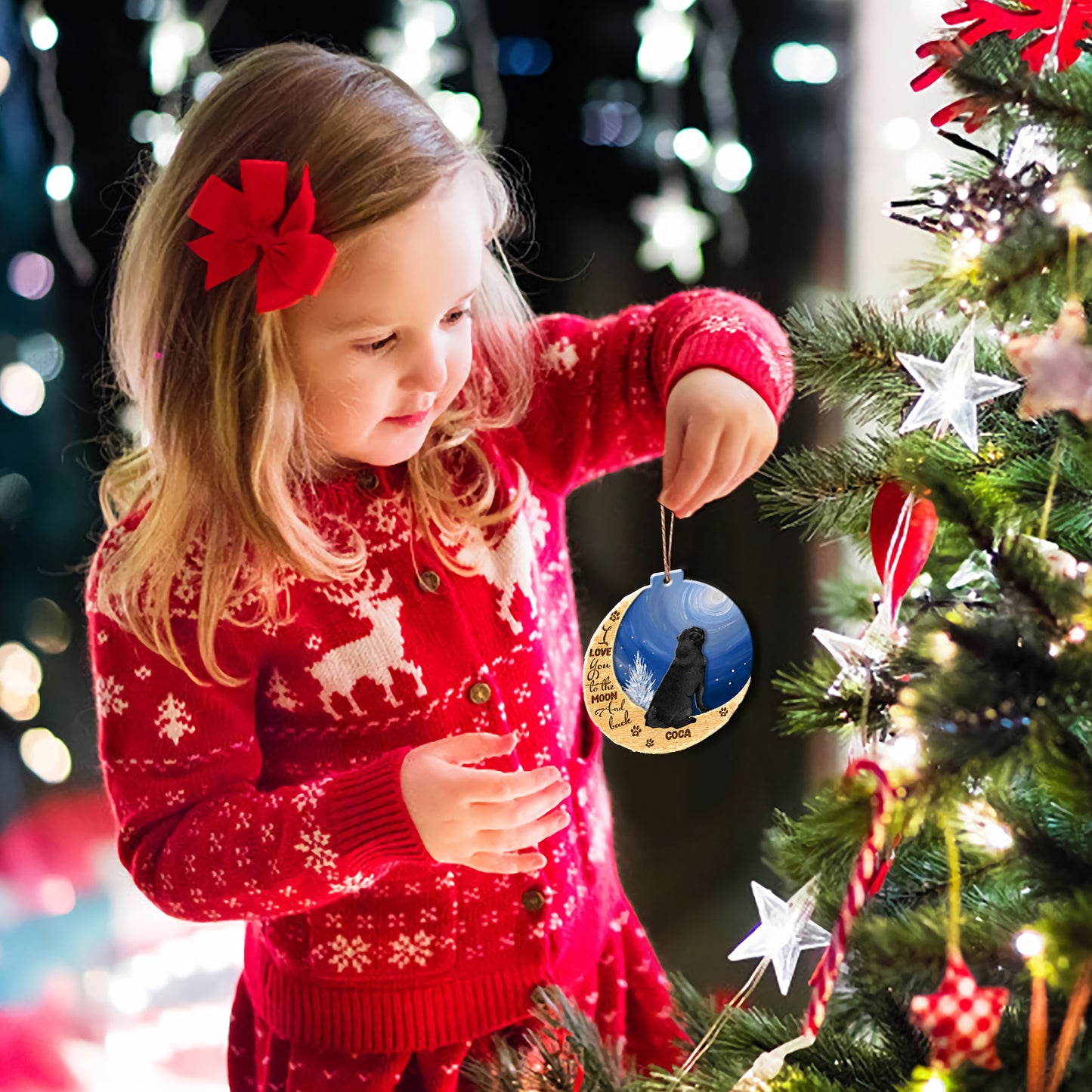 Personalized Black Pug On Moon Aluminum Ornament
