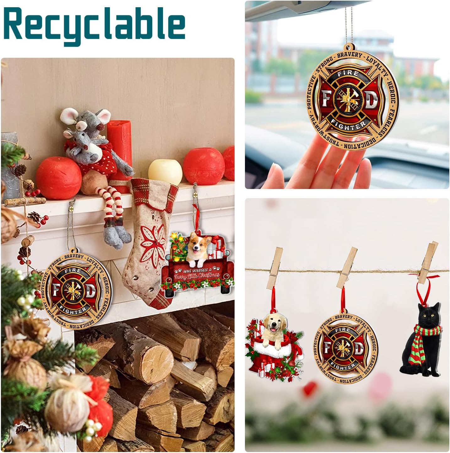 Firefighter Ornaments for Christmas Tree, Firefighter 2 Layer Wood & Acrylic Ornament Keepsake for Fireman, Paramedic EMT Fire Department Smokejumper Responder Gifts for Christmas Decor