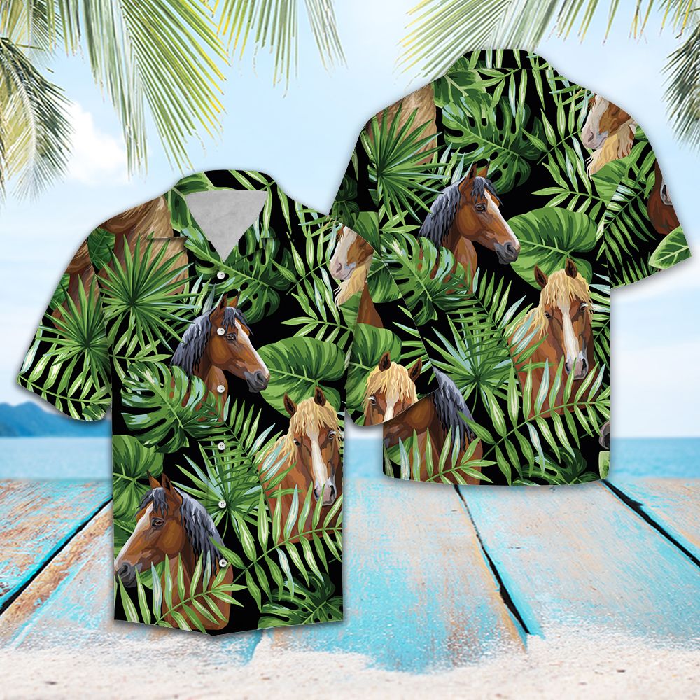 Horse Green Tropical Leaves G5702 - Hawaii Shirt