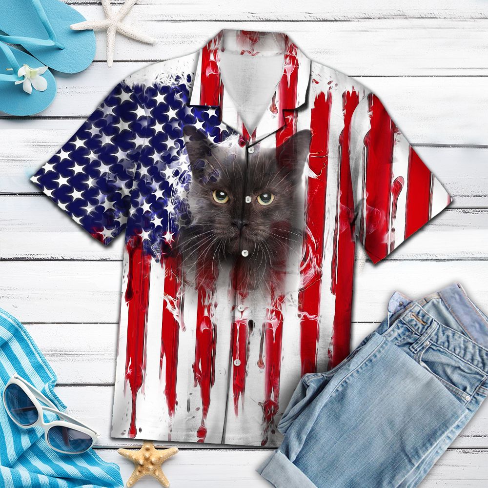 Black Cat US Flag Pattern G5703 - Hawaii Shirt