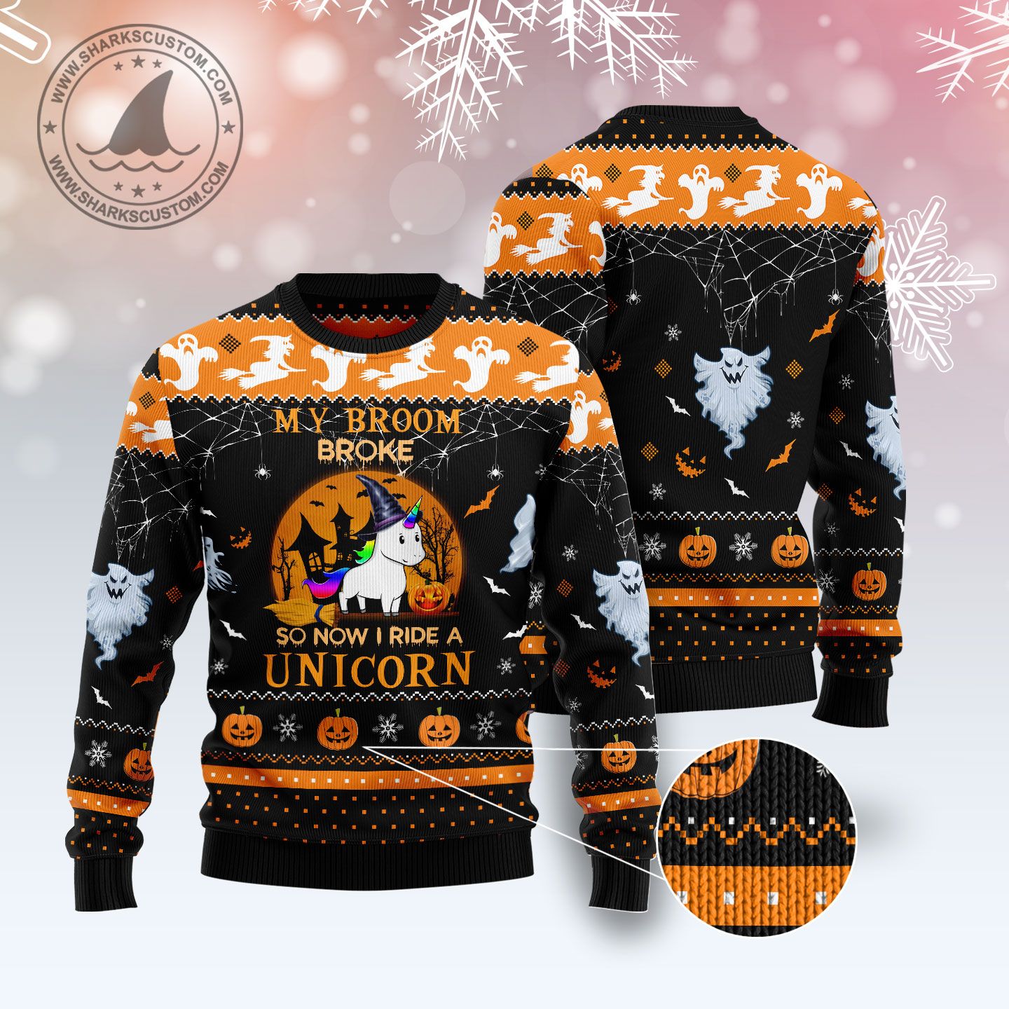 Unicorn Broom T309 Halloween Sweater