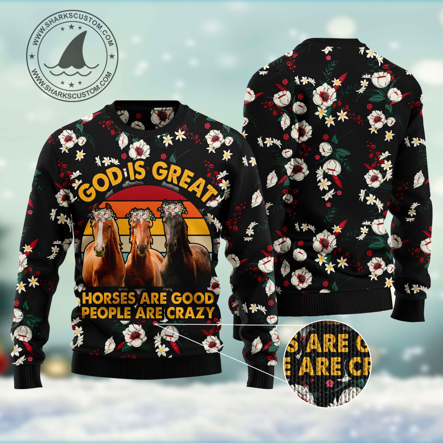 God is great horses are good people are crazy HT271105 unisex womens & mens, couples matching, friends, funny family ugly christmas holiday sweater gifts (plus size available)
