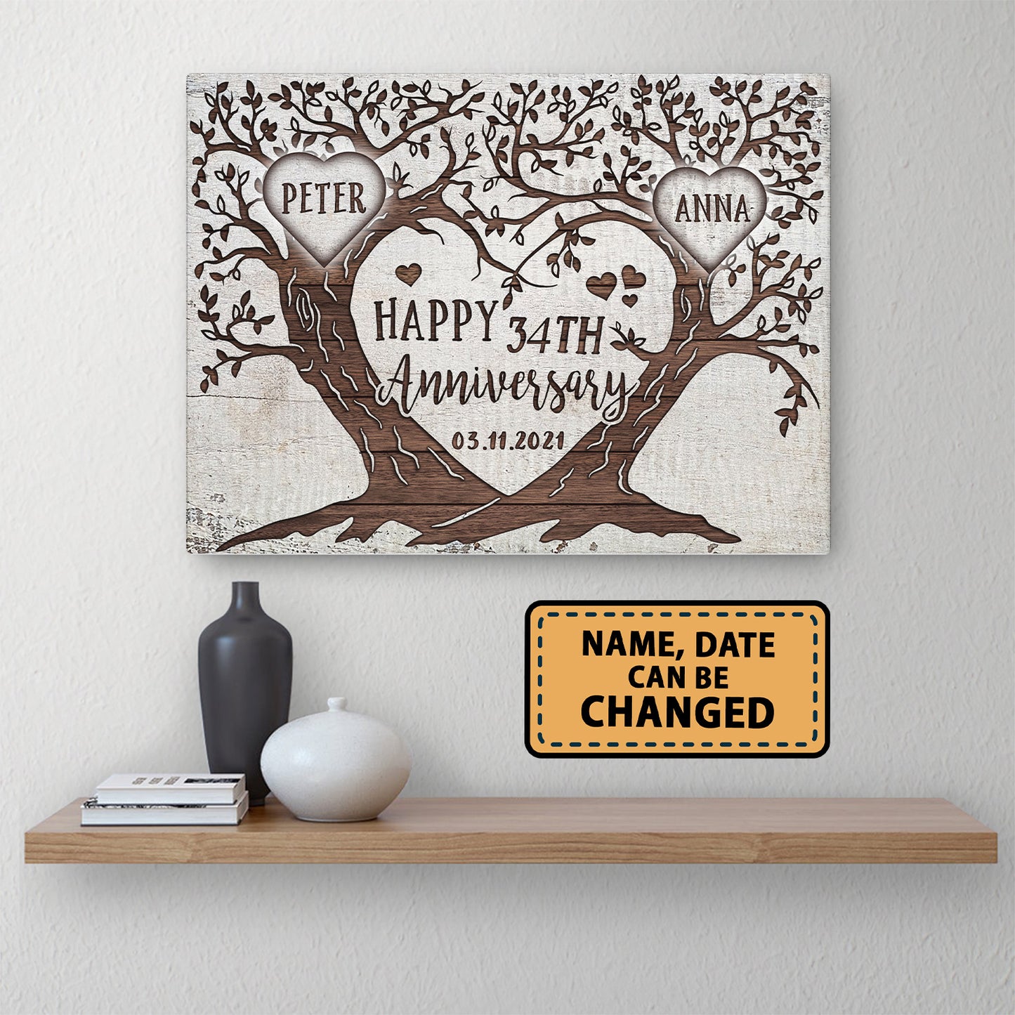 Happy 34th Anniversary Tree Heart Anniversary Personalized Canvas