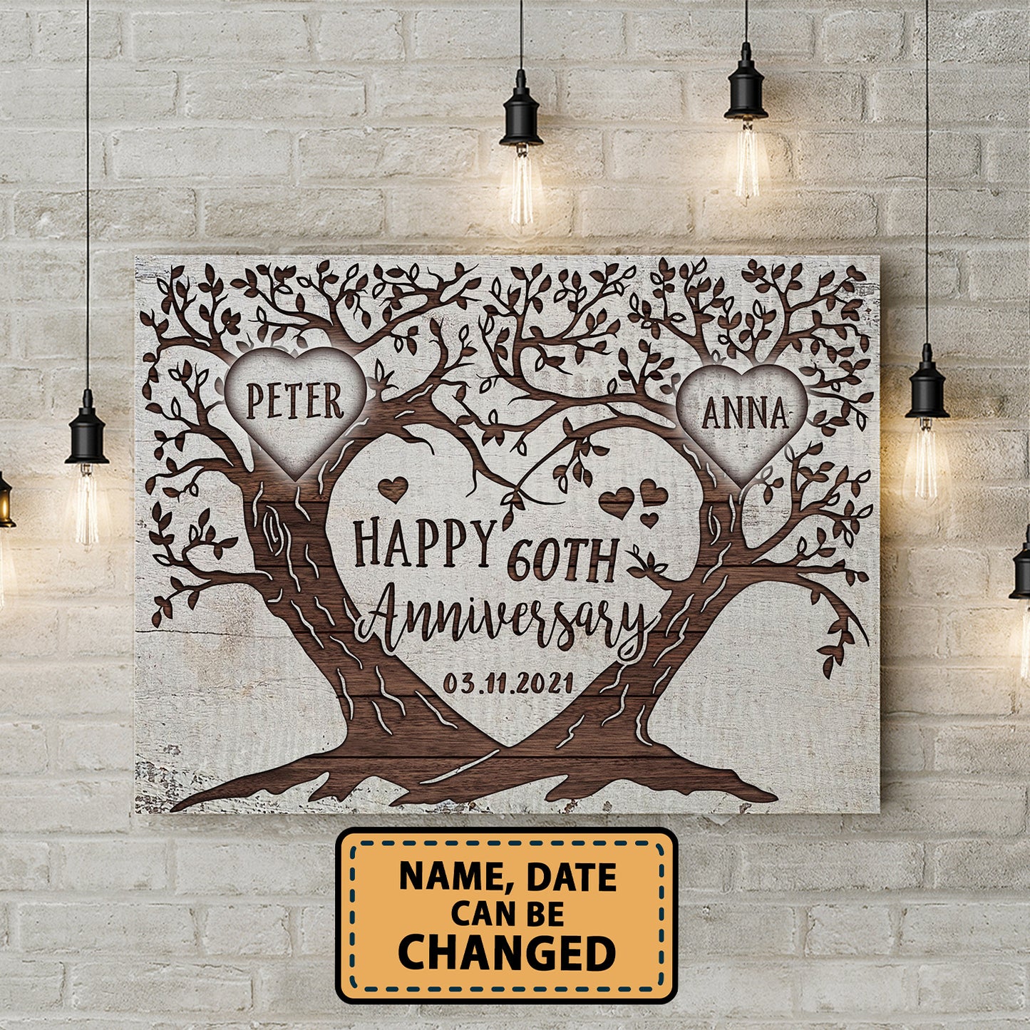 Happy 60th Anniversary Tree Heart Anniversary Personalized Canvas