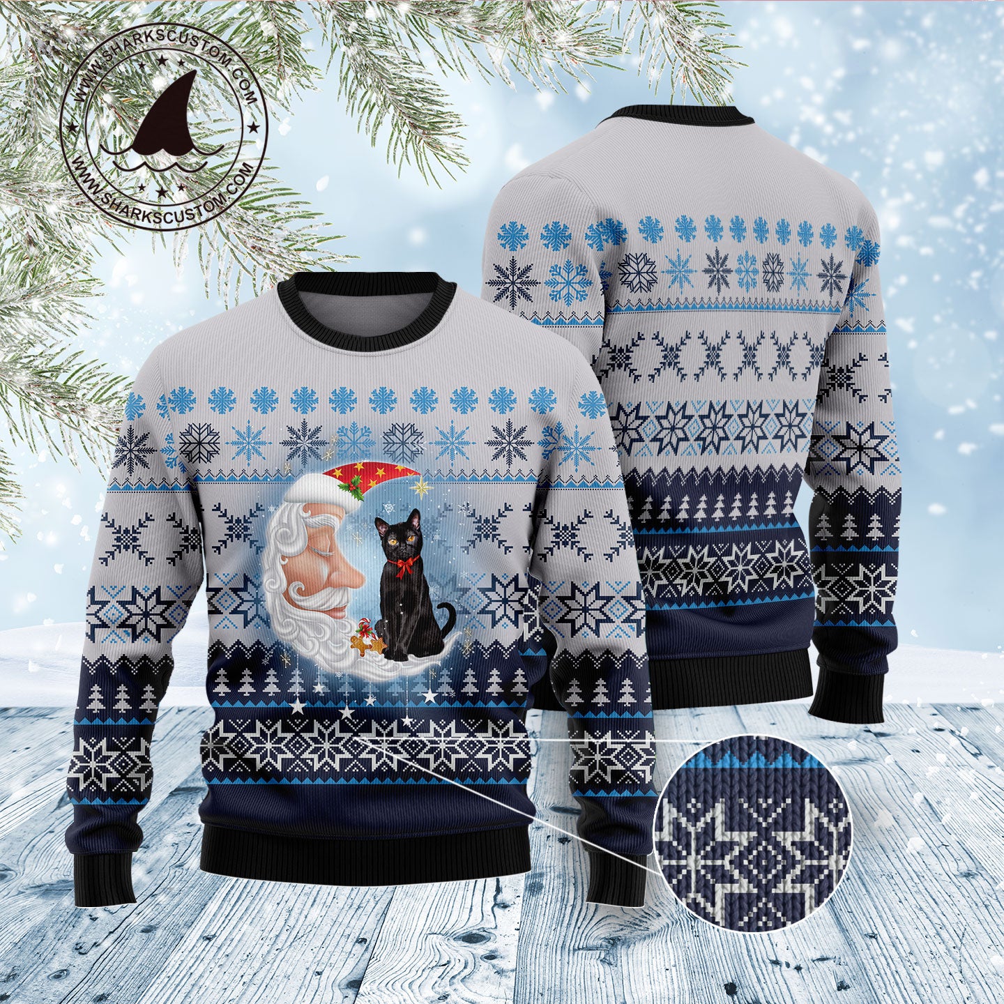 Black Cat Love Santa Moon D1311 Ugly Christmas Sweater