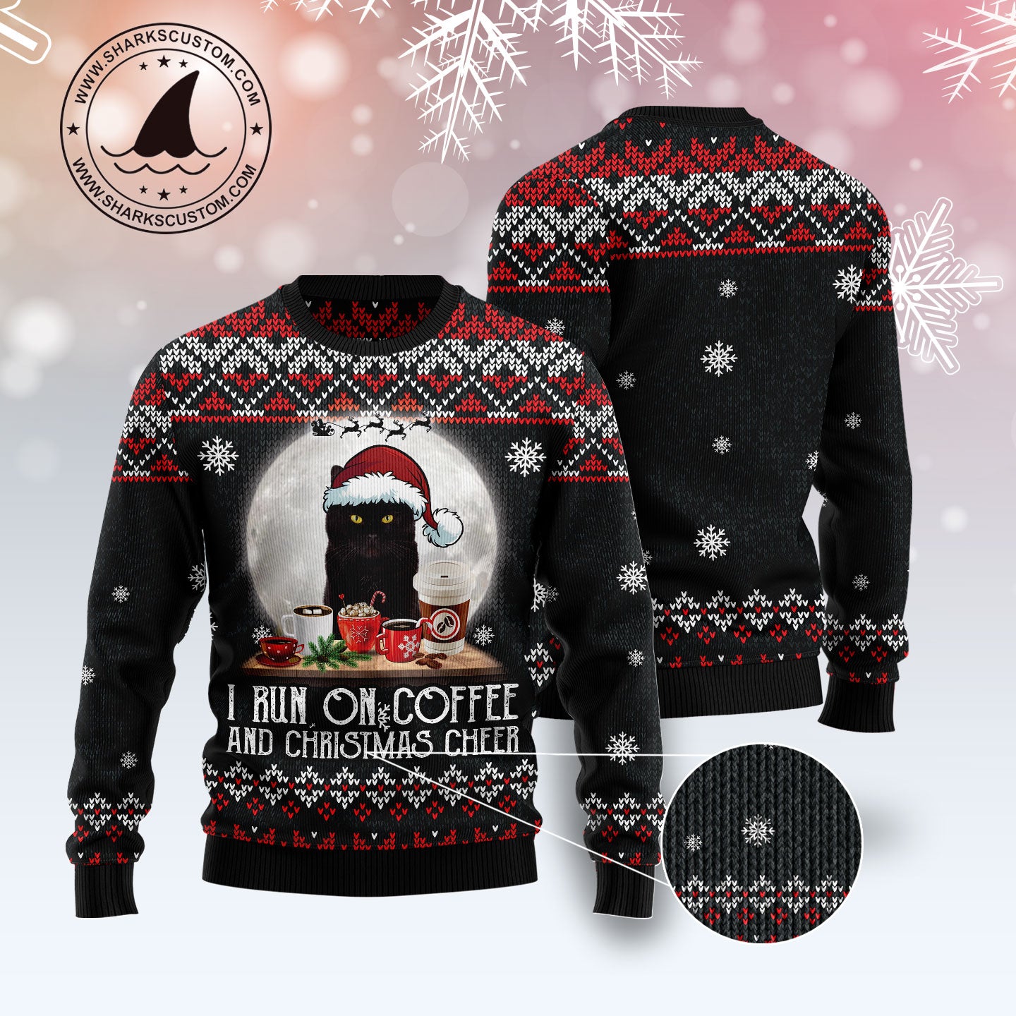 Black Cat Run On Coffee D1211 Ugly Christmas Sweater
