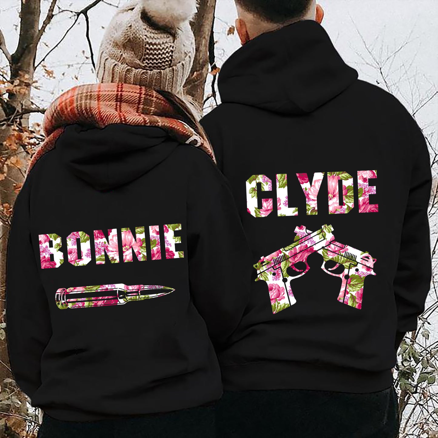 Bonnie and Clyde Crime Partners Flower Valentine Gift Couple Matching Hoodie