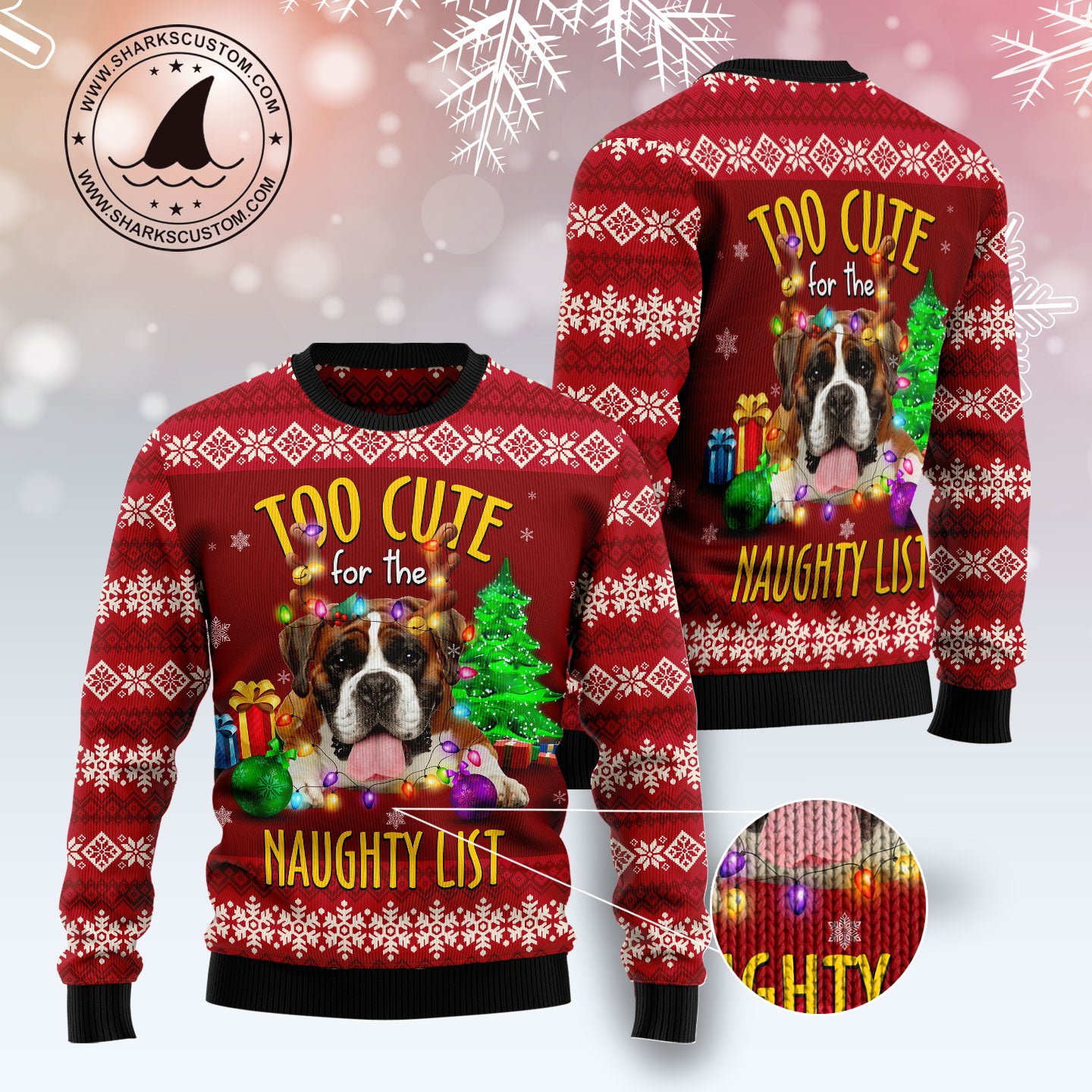 Boxer Too Cute TY0912 unisex womens & mens, couples matching, friends, funny family ugly christmas holiday sweater gifts (plus size available)