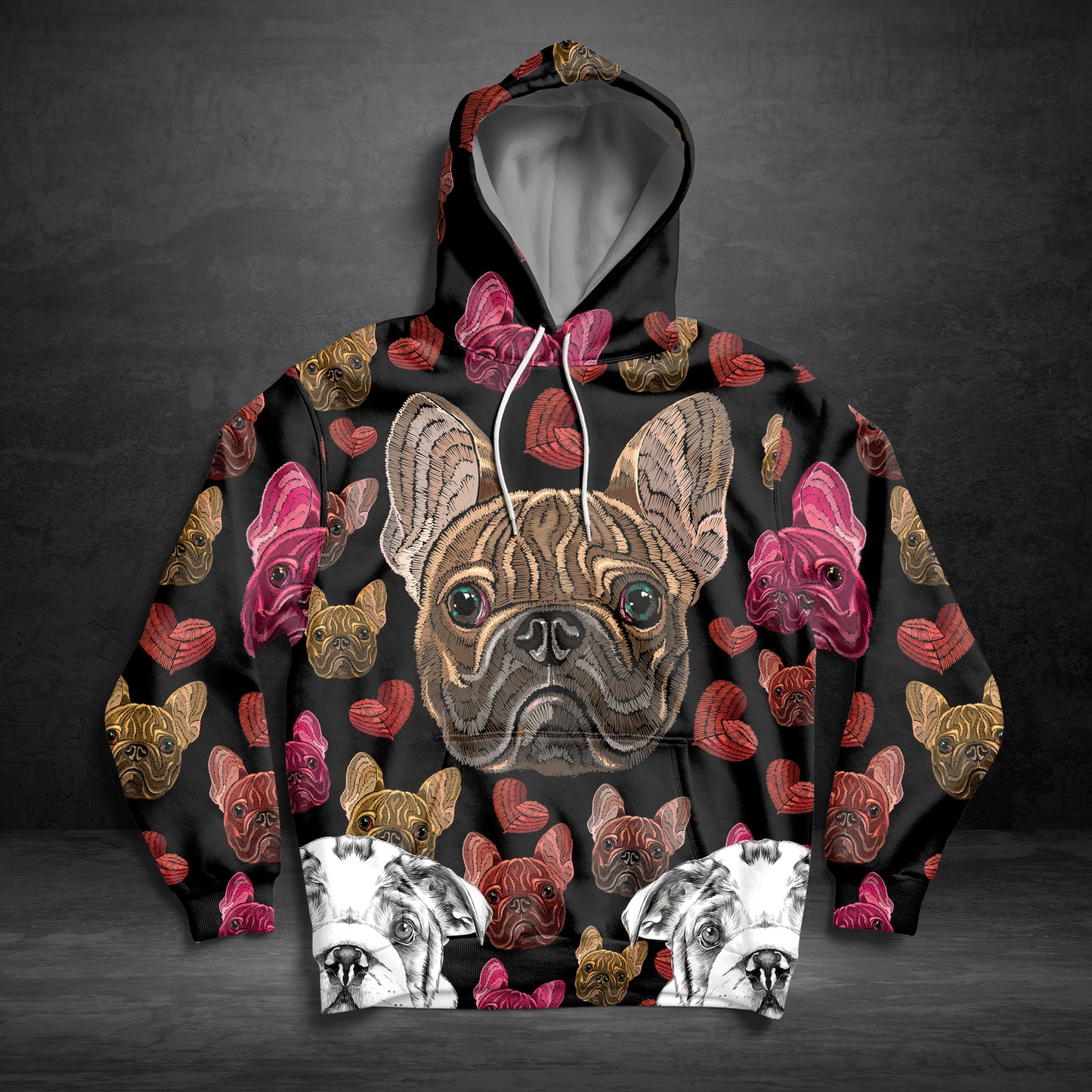 Bulldog Embroidery G51130 unisex womens & mens, couples matching, friends, funny family sublimation 3D hoodie christmas holiday gifts (plus size available)
