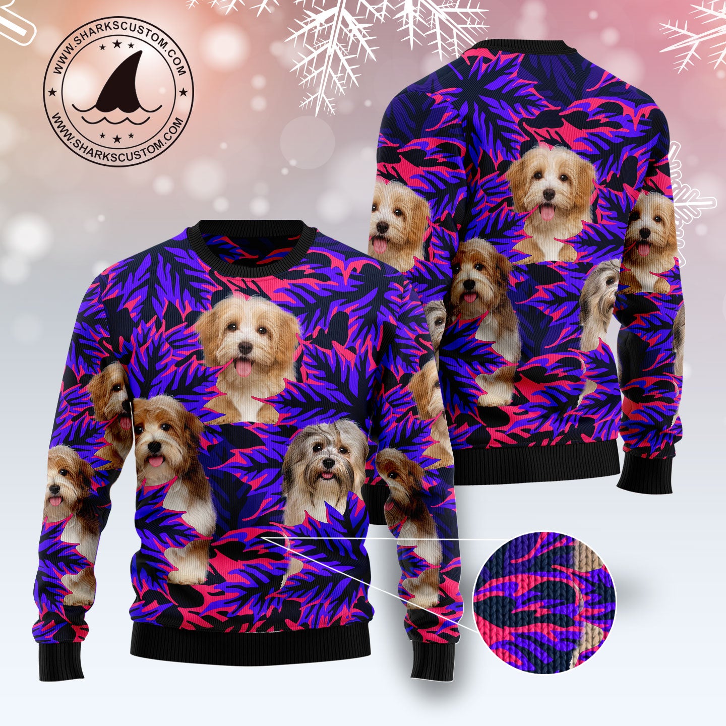 Havanese Leaves TY2311 unisex womens & mens, couples matching, friends, funny family ugly christmas holiday sweater gifts (plus size available)