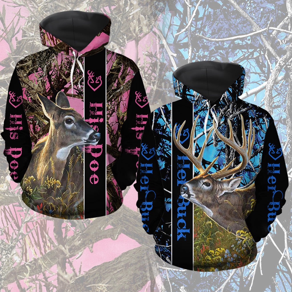 Her Buck His Doe All Over Print Valentine Gift Couple Matching 3D Hoodie