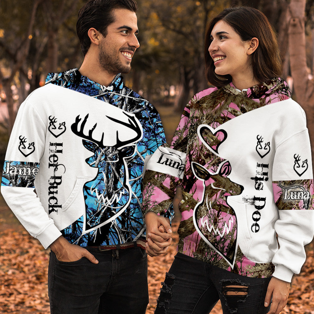 Her Buck His Doe Custom Name All Over Print Valentine Gift Couple Matching 3D Hoodie