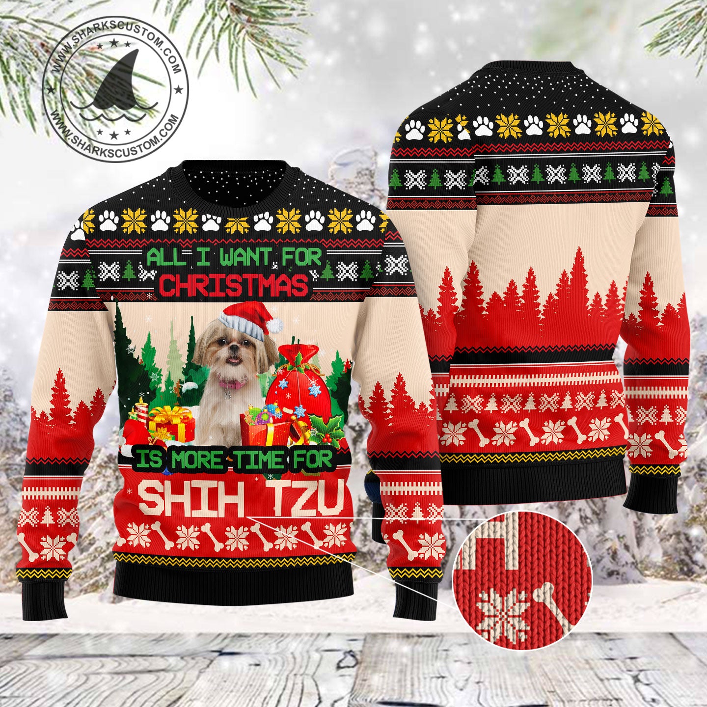 Shih Tzu More Time TY0912 unisex womens & mens, couples matching, friends, funny family ugly christmas holiday sweater gifts (plus size available)