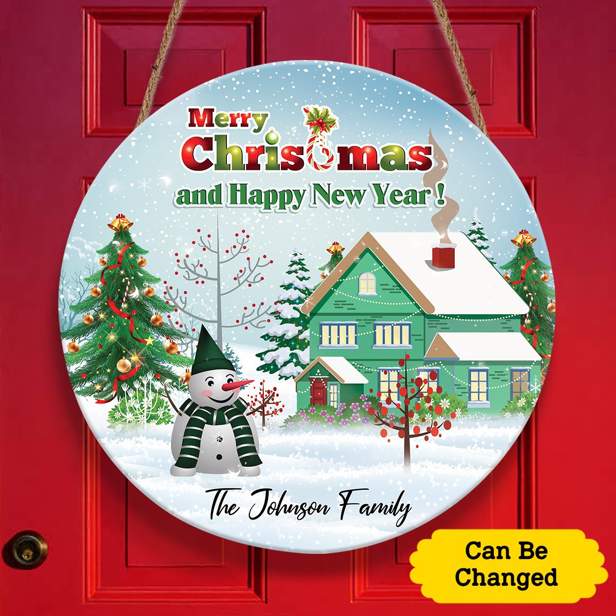 Merry Christmas Snowman And House Custom Family Name Personalizedwitch Personalized Round Wood Sign Outdoor Decor