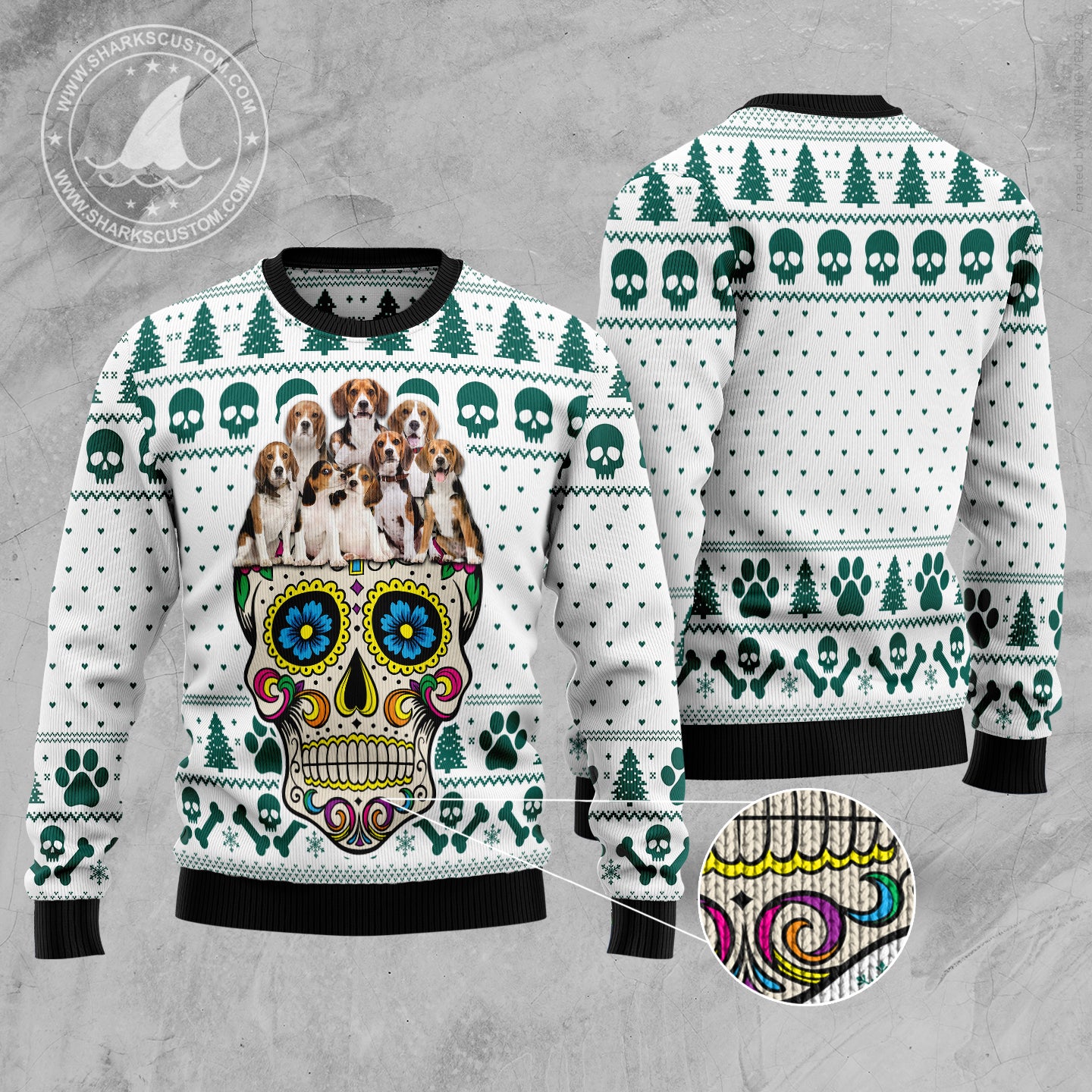 Sugar Skull Beagles TG51026 Ugly Christmas Sweater