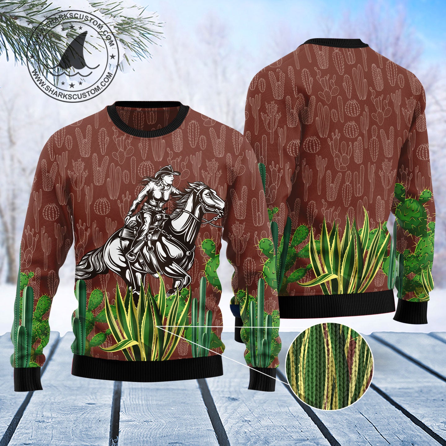 Cowgirl Cactus TY0412 unisex womens & mens, couples matching, friends, funny family ugly christmas holiday sweater gifts (plus size available)