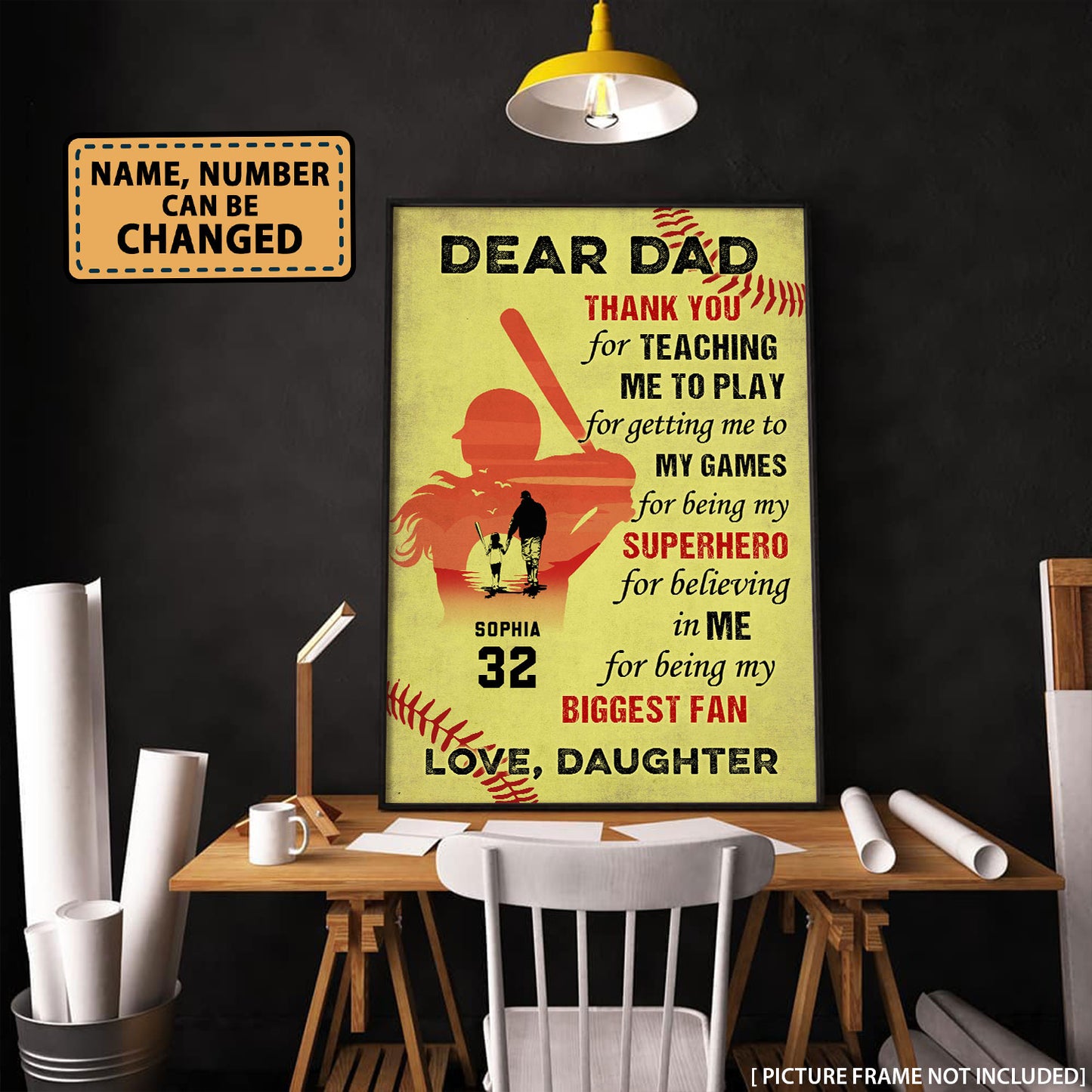 Dear Dad Thank You For Teaching Me Softball Personalized Poster