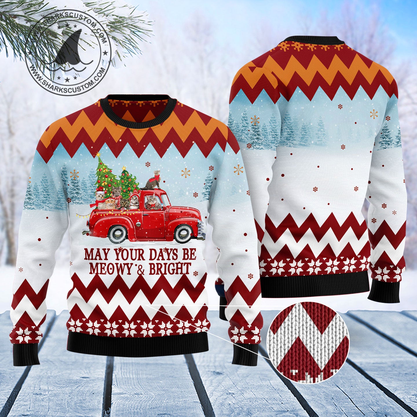 Cat Red Truck T1111 Ugly Christmas Sweater