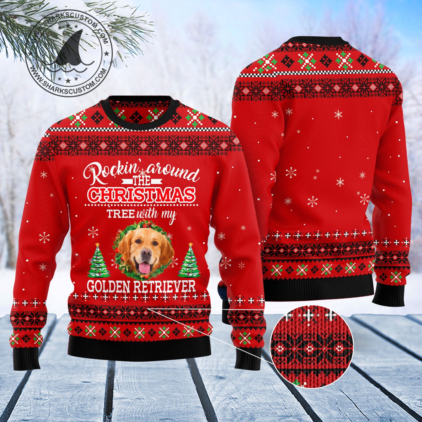 Golden Retriever Rockin' TY0712 unisex womens & mens, couples matching, friends, funny family ugly christmas holiday sweater gifts (plus size available)