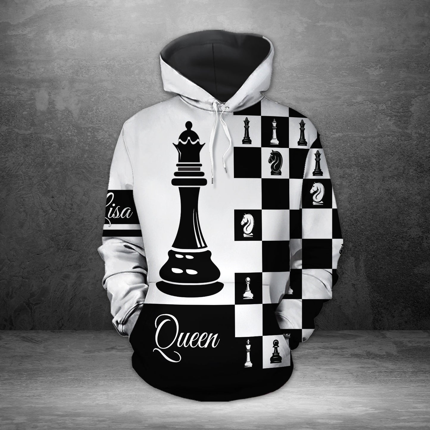 Queen And King Black And White Chess Hoodie Custom Name All Over Print Valentine Gift Couple Matching 3D Hoodie Personalizedwitch For Couple