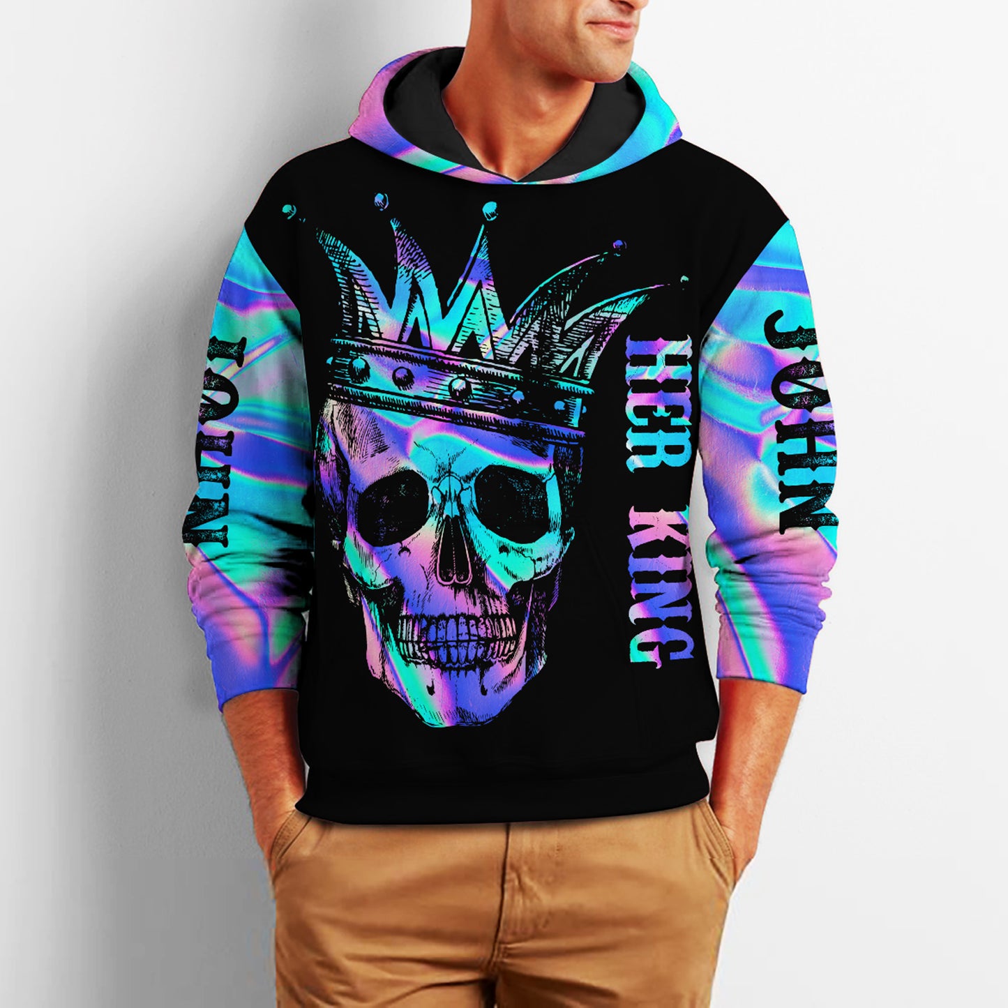 Skull Color Beauty King And Queen Custom Name All Over Print Valentine Gift Couple Matching 3D Hoodie Personalizedwitch For Couple