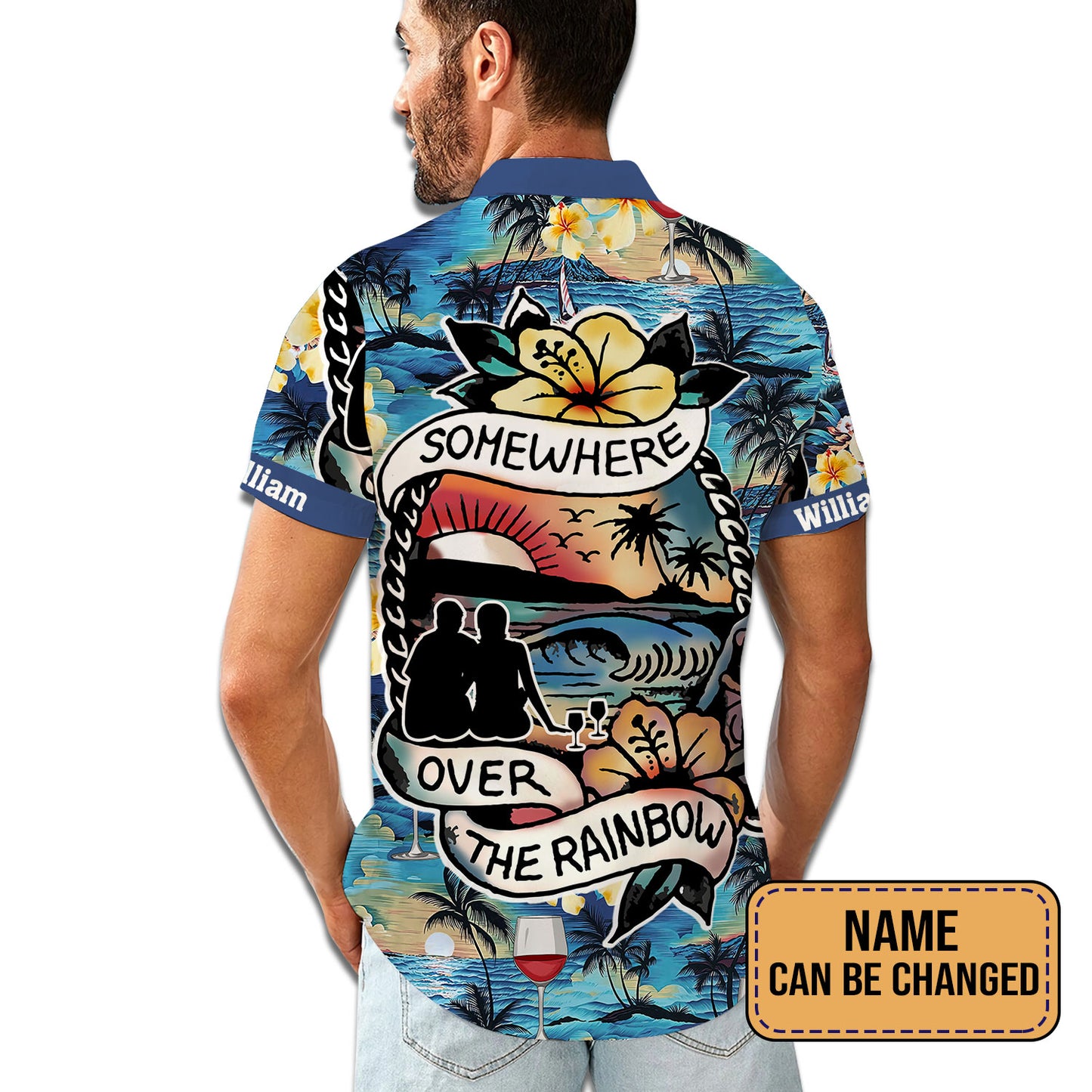 Somewhere Over The Rainbow Wine Couple Custom Name Matching Hawaiian Shirt