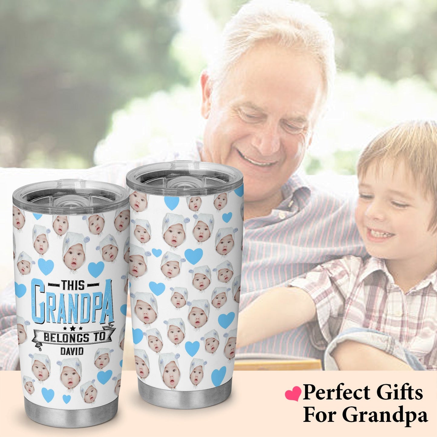 This Grandpa Belongs To Baby & Grandpa Personalized Photo Name 20Oz Tumbler