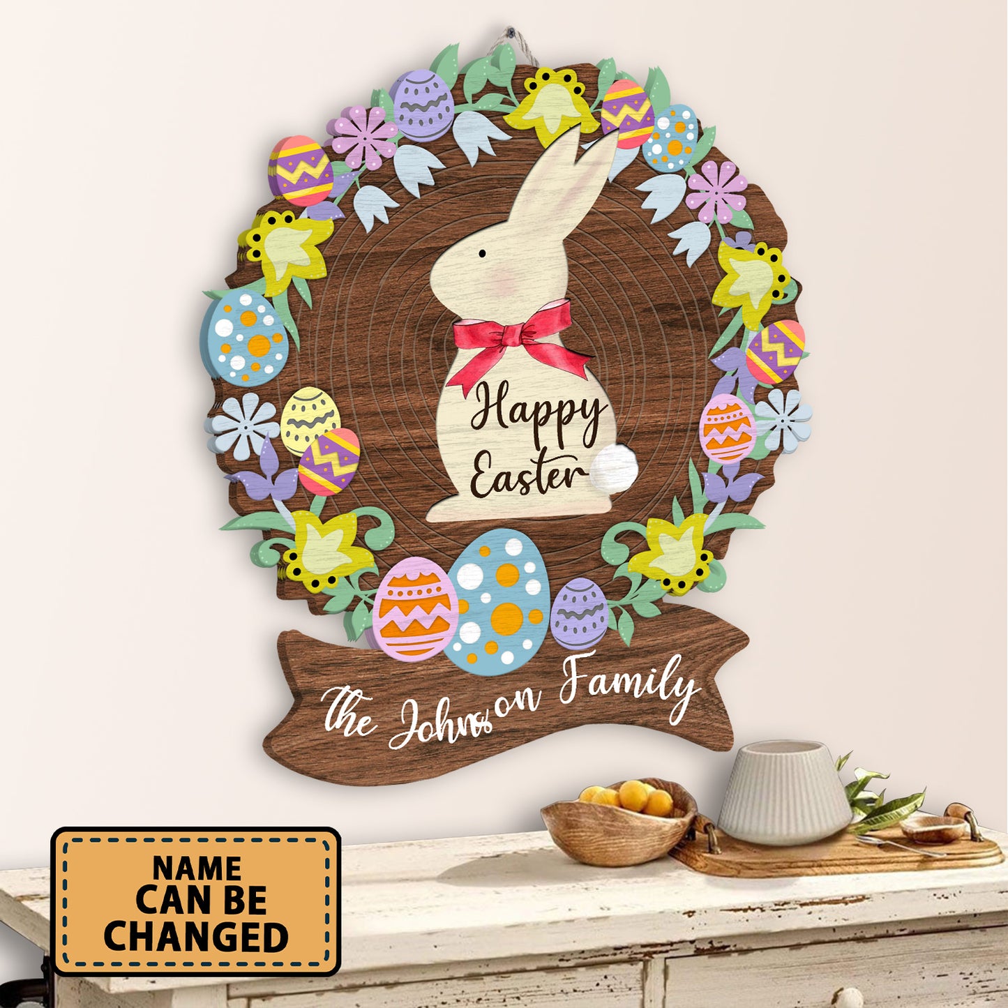 Custom Name Happy Easter Wreath Egg Decoration Wooden Sign Personalizedwitch