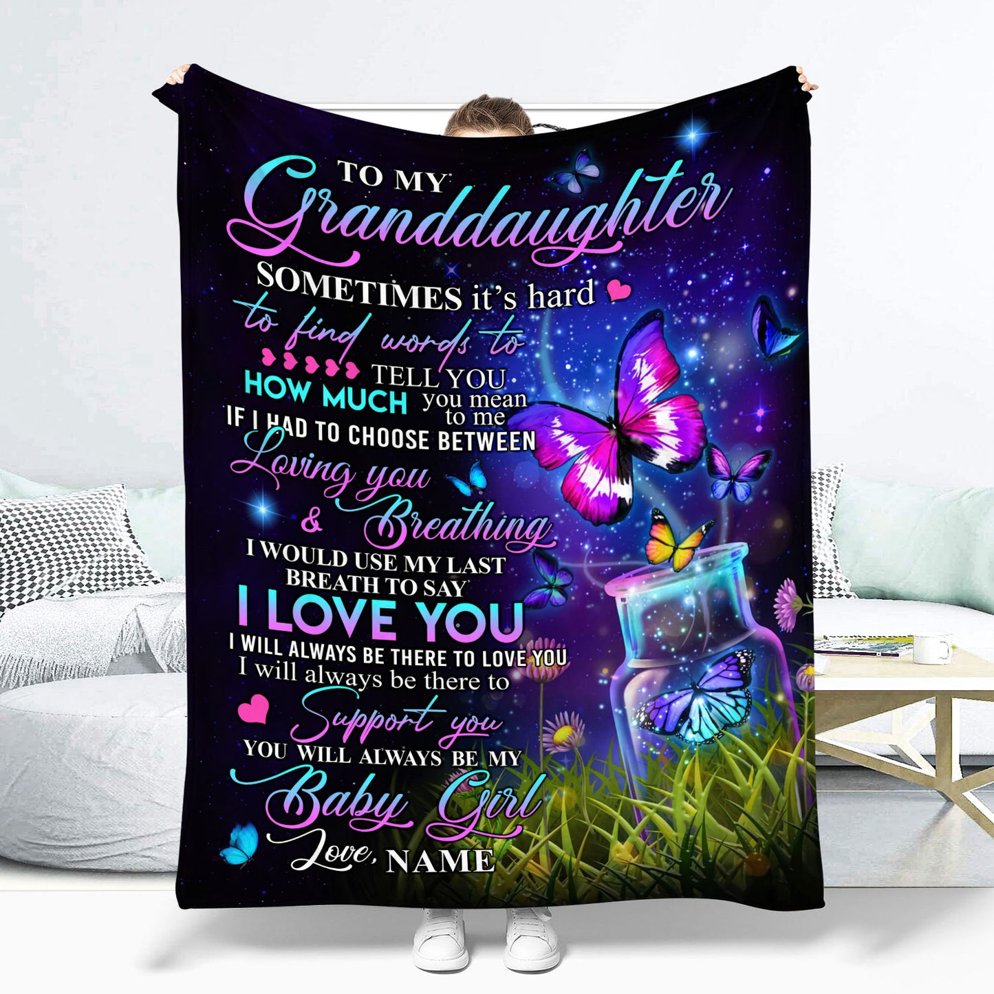To My Granddaughter Sometimes It's Hard To Find Words Fleece Blanket