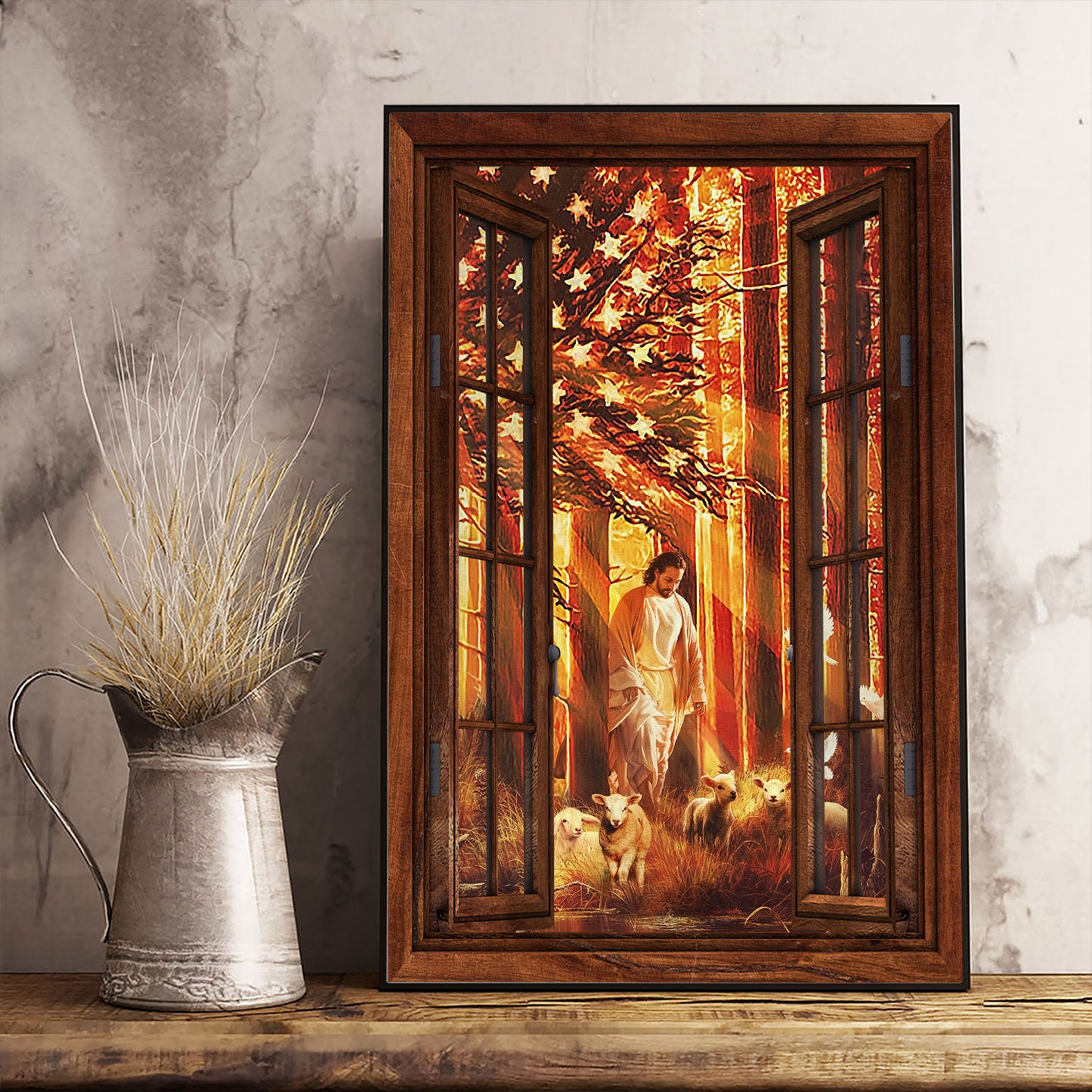 American Flag Jesus Walking With The Lambs Window Poster
