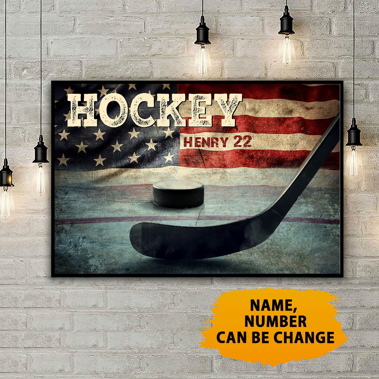 Hockey Vintage Hockey Stick & Puck with American Flag Personalized Poster