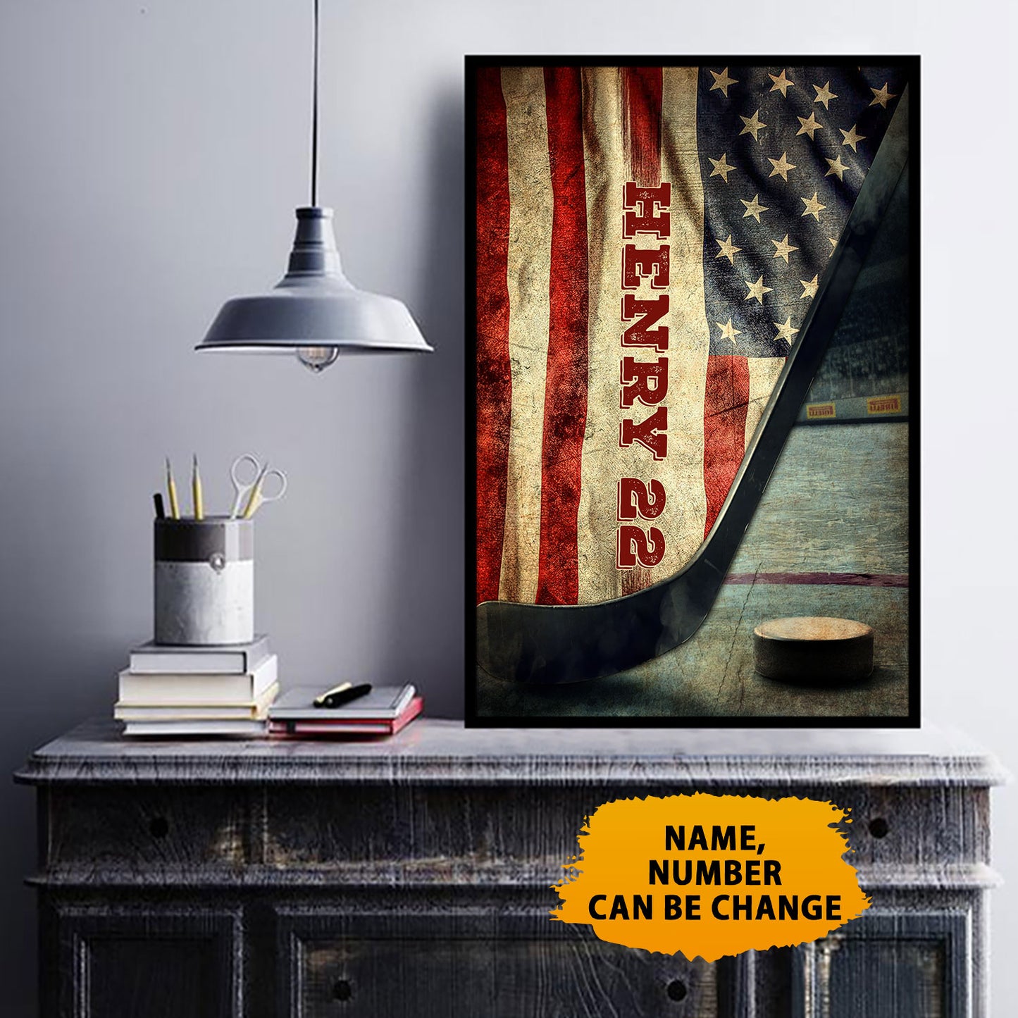 Hockey Vintage Hockey Stick & Puck with American Flag Personalized Poster