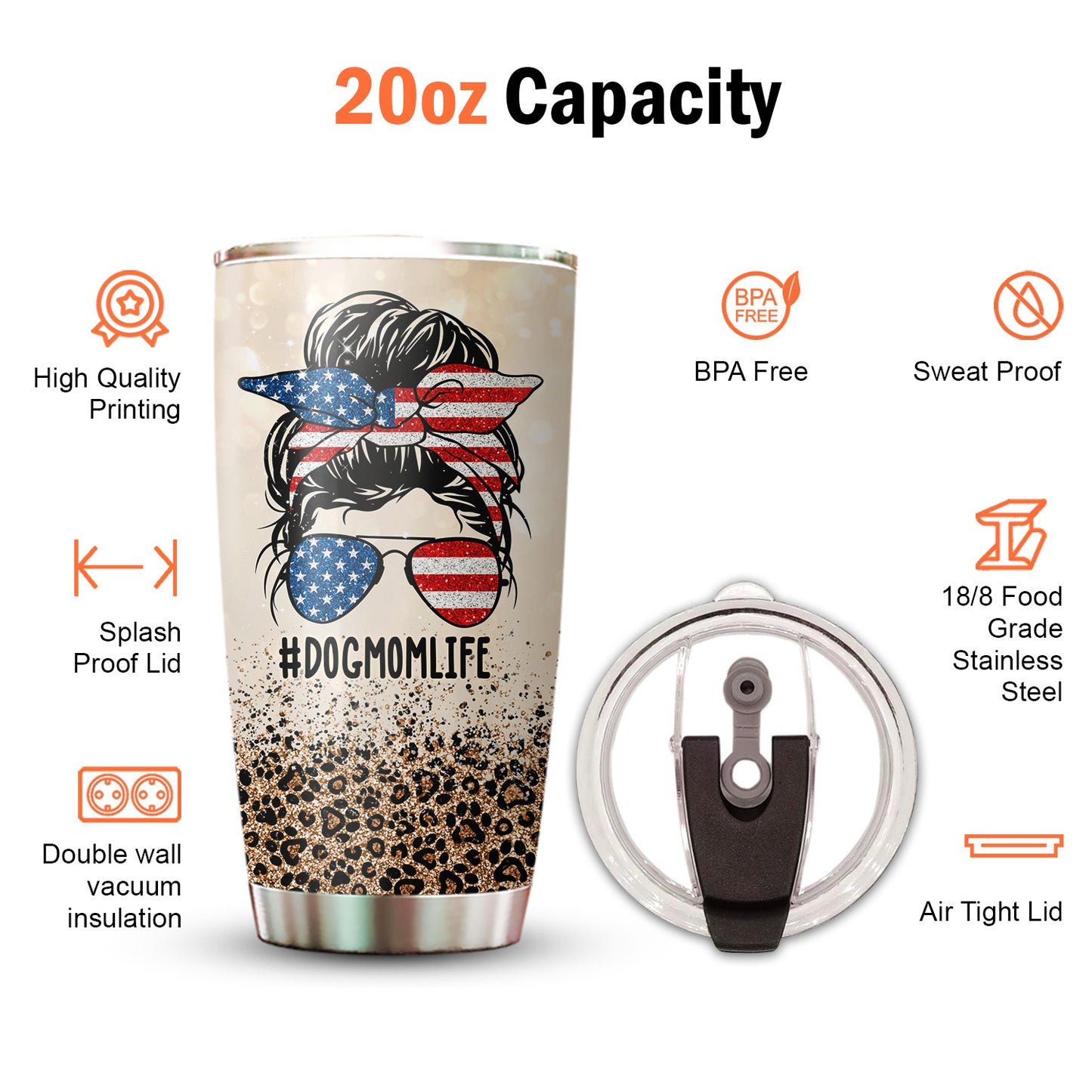 Dog Mom Leopard Pattern American Flag Glitter 20Oz Tumbler