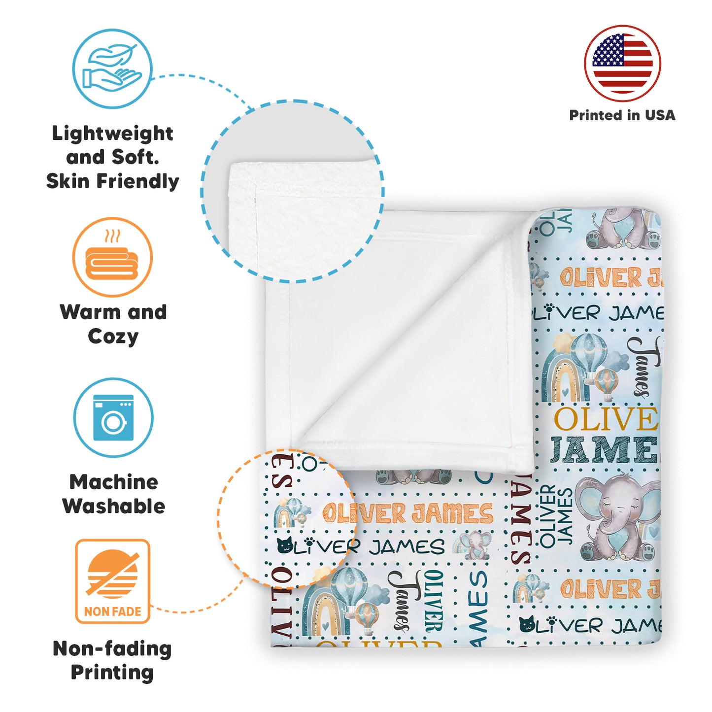 Custom Name Cute Baby Elephant Baby Blanket
