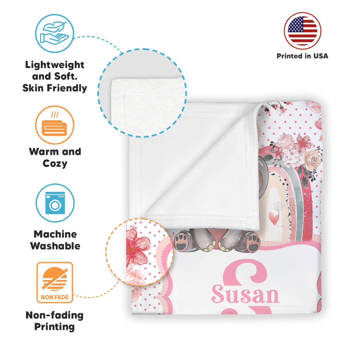 Custom Name Elephant With Lovely Boho Rainbow Baby Blanket