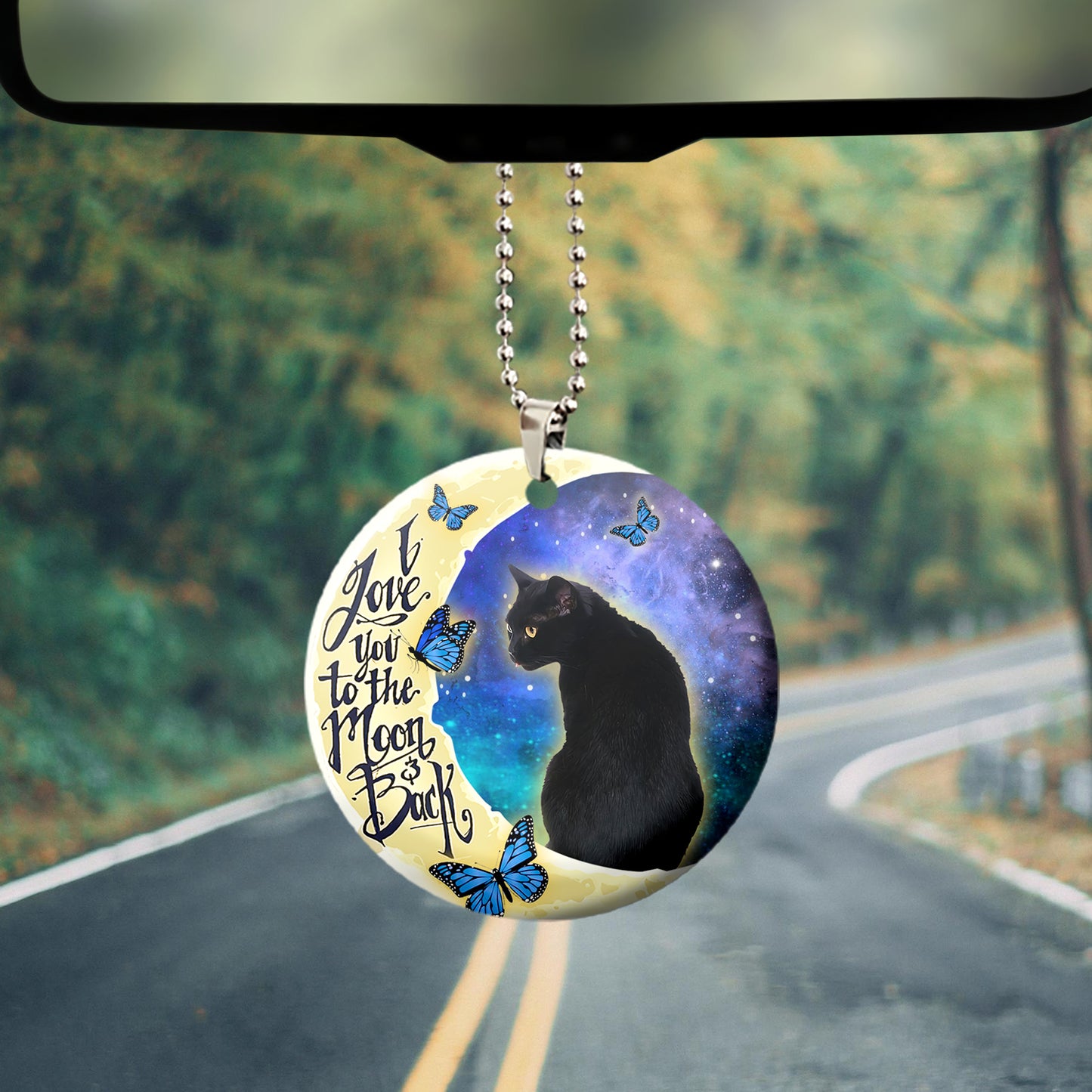 Black Cat I Love You To The Moon And Back Wooden Car Ornament